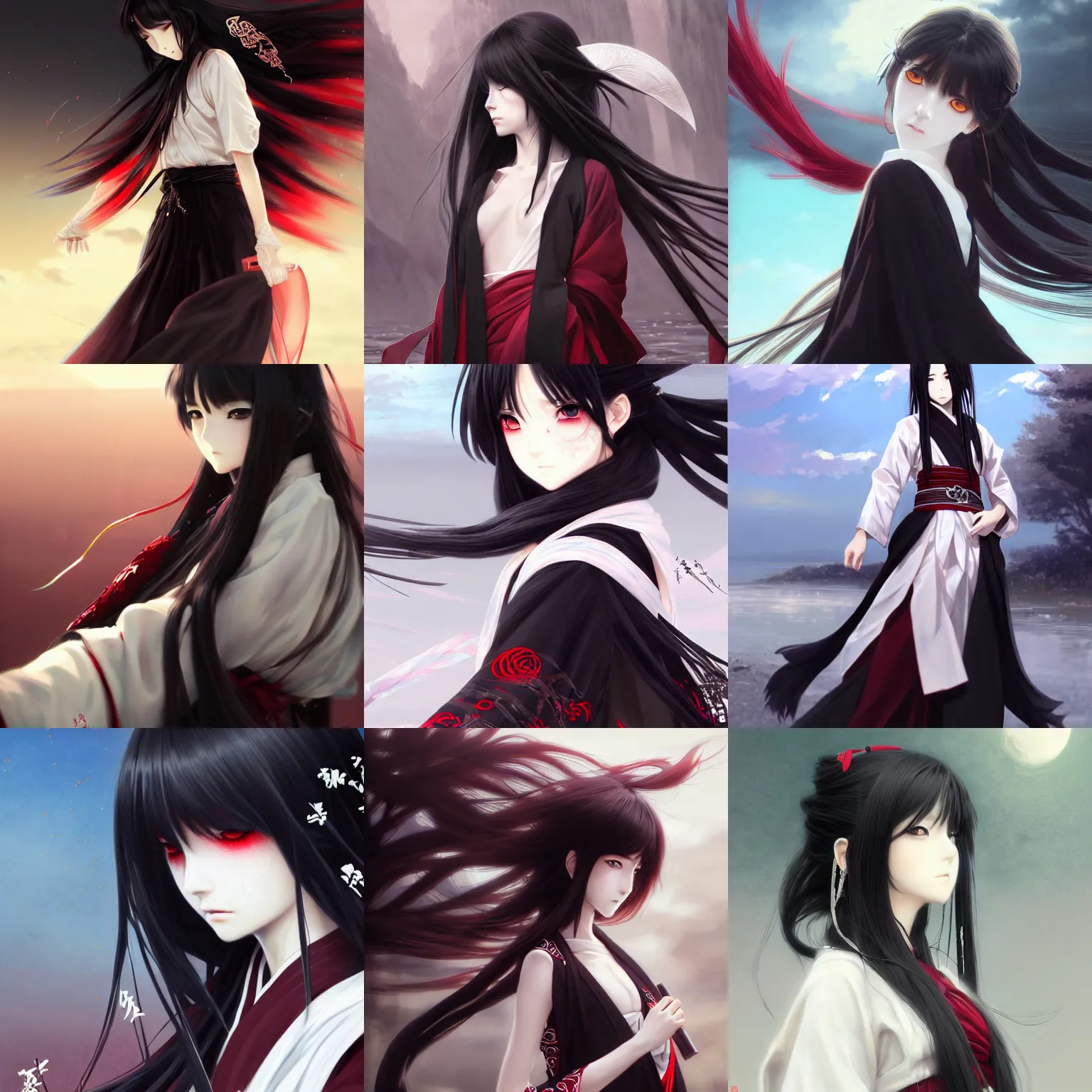 Prompt: beautiful and cute anime girl with jet black long hair blowing in the wind with deep red eye staring blankly wearing a white hakama and a black haori equipped with intricately decorated katana, concept art, highly detailed digital art, intricate, dark colors, art by wlop, greg rutkowski, 8 k