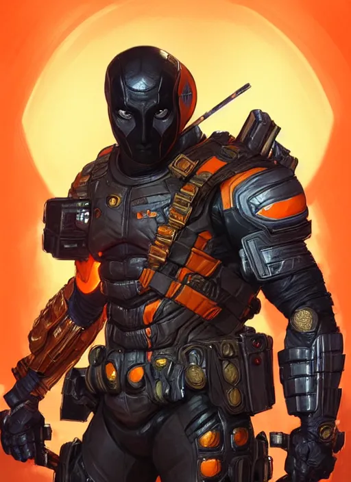 Image similar to portrait of apex legends deathstroke, intricate, elegant, glowing lights, highly detailed, digital painting, artstation, glamor pose, concept art, smooth, sharp focus, illustration, art by artgerm and greg rutkowski, artey freytag