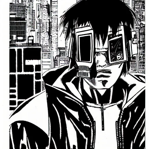 Image similar to cyberpunk hacker pen and ink illustration by tatsuki fujimoto manga panel