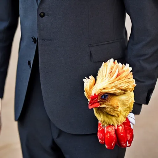 Prompt: guy in suit, head is a chicken head, high detail