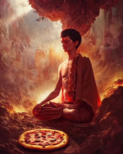 Image similar to detailed photo of meditating pizza monk, beautiful, 8 k, by tristan eaton, stanley artgermm, tom bagshaw, greg rutkowski, carne griffiths, trending on deviantart, hyper detailed, glorious lighting, epic environment