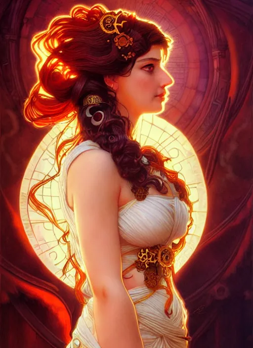 Prompt: the greek goddess hestia, hair made of fire, steampunk, beautiful glowing eyes, volumetric lights, red and cyan theme, art nouveau botanicals, intricate, highly detailed, digital painting, artstation, concept art, smooth, sharp focus, cinematic, illustration, beautiful face, art by artgerm and greg rutkowski and alphonse mucha