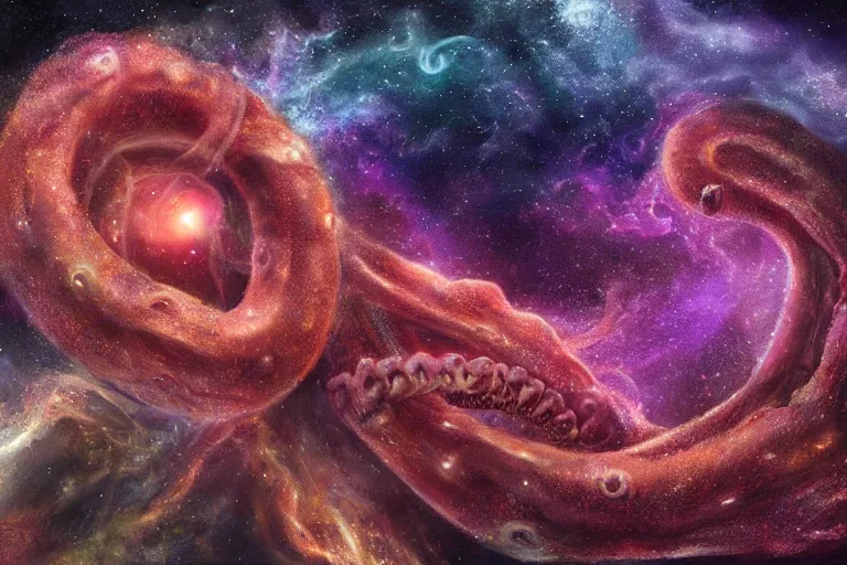 Image similar to a giant lovecraftian tentacle creature emerging from a space nebula, digital art, photorealistic, highly detailed, intricate