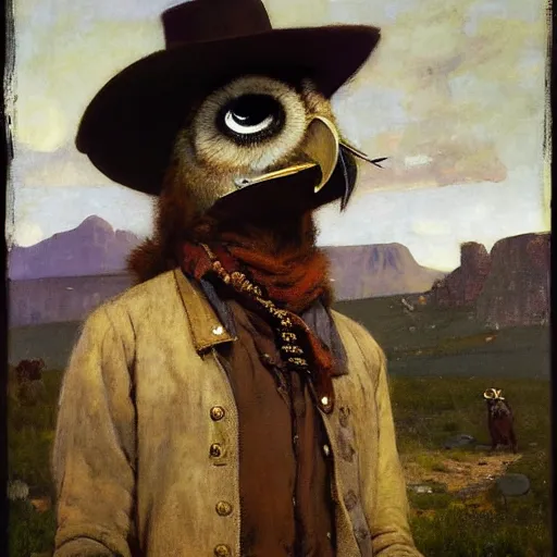 Prompt: wild west portrait of furry anthro anthropomorphic owl head animal person fursona wearing clothes in the valley, sunny day, digital art by Nerdrum John, William Waterhouse, Winslow Homer, Alex Heywood, Jordan Grimmer, Darren Quach, Greg Rutkowski, Simon Stalenhag, trending on Artstation, CGSociety