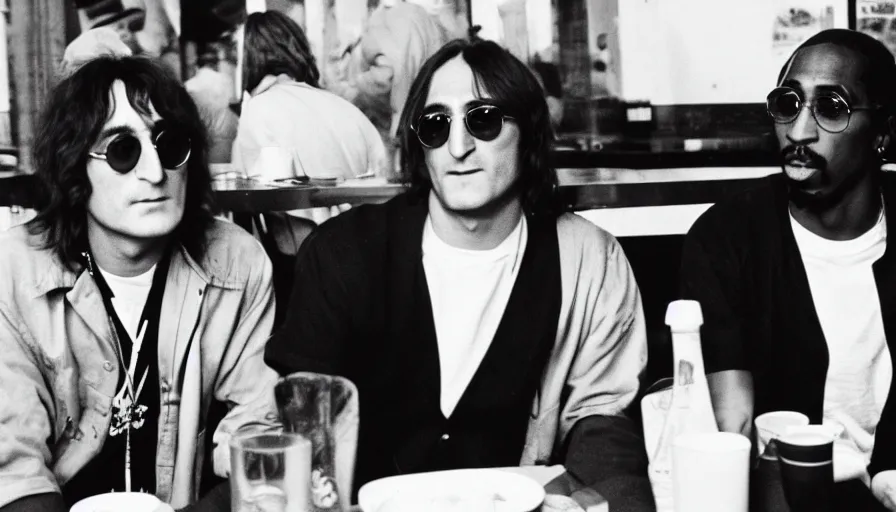 Prompt: candid 35mm photo of John Lennon and Tupac Shakur hanging out at a cafe in 2022