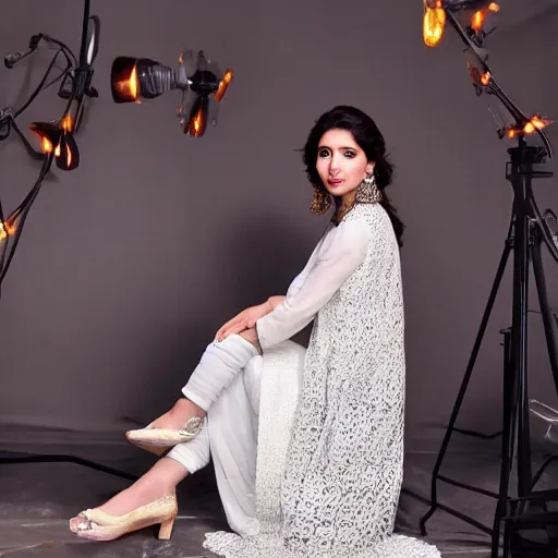 Prompt: Mahira Khan in white dress, studio lighting