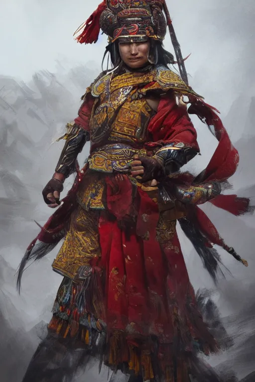Prompt: Tibetan warrior, portrait, fierce, intricate, elegant, volumetric lighting, scenery, digital painting, highly detailed, artstation, sharp focus, illustration, concept art, ruan jia, steve mccurry