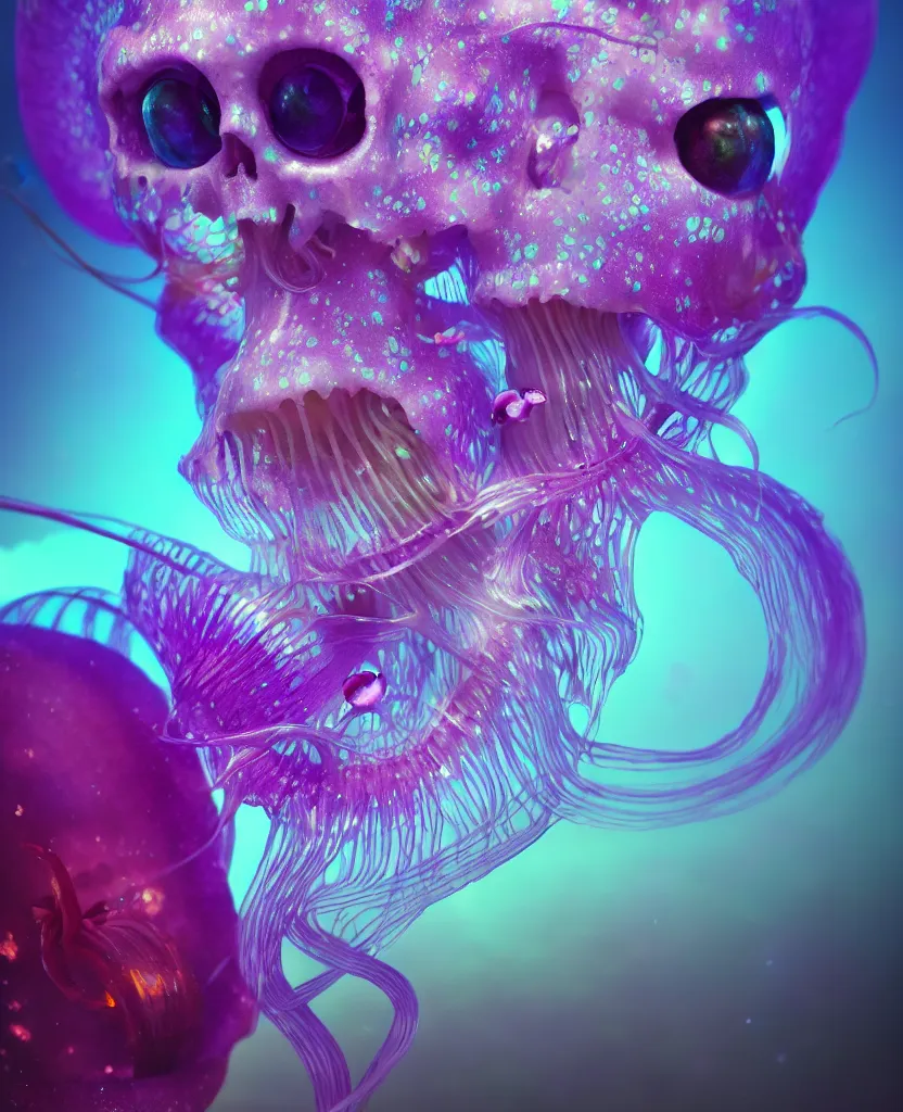 Prompt: close-up portrait. dichroic orchid jellyfish skull, betta fish, bioluminiscent creatures, intricate artwork by Tooth Wu and wlop and beeple. octane render, trending on artstation, greg rutkowski very coherent symmetrical artwork. cinematic, hyper realism, high detail, octane render, 8k