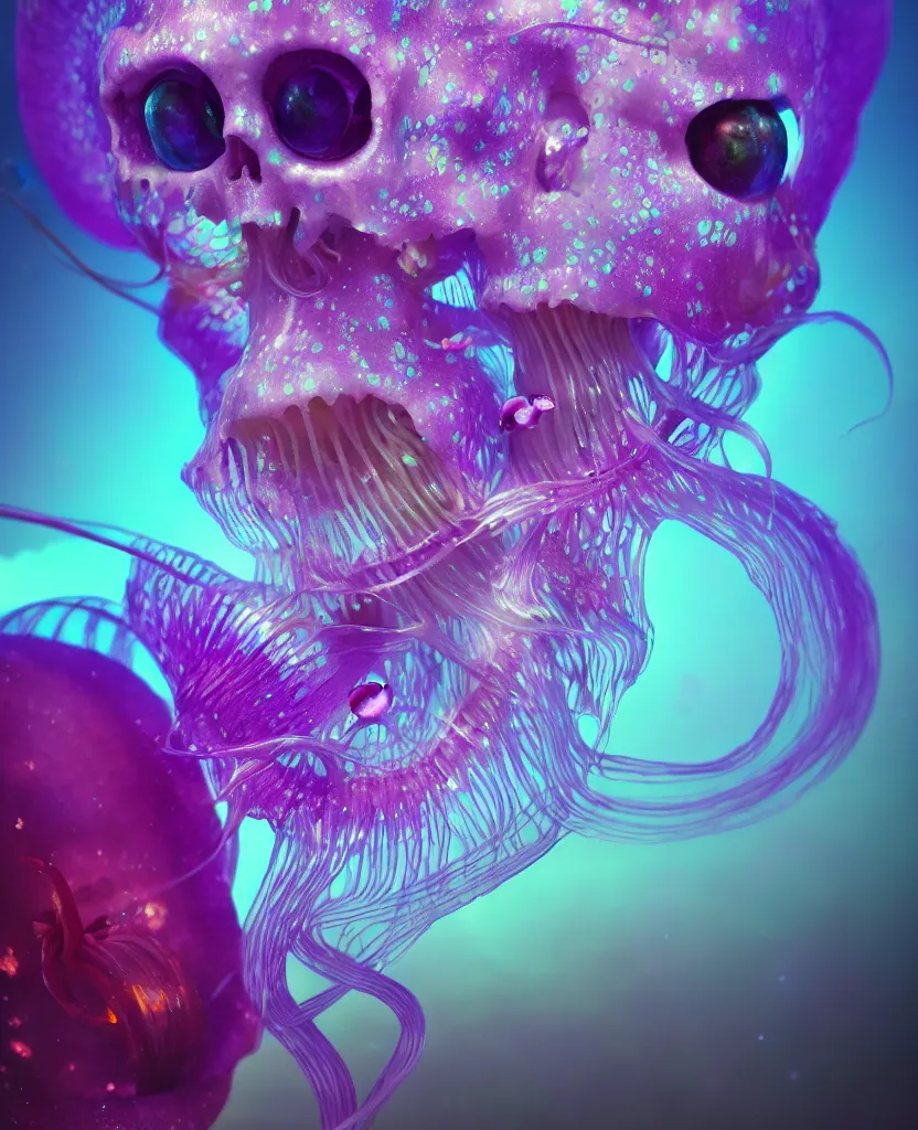 Image similar to close-up portrait. dichroic orchid jellyfish skull, betta fish, bioluminiscent creatures, intricate artwork by Tooth Wu and wlop and beeple. octane render, trending on artstation, greg rutkowski very coherent symmetrical artwork. cinematic, hyper realism, high detail, octane render, 8k