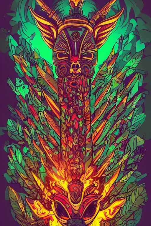 Image similar to totem animal mask tribal feather gemstone plant wood rock shaman vodoo video game vector illustration vivid multicolor borderlands comics by josan gonzales and dan mumford radiating a glowing aura