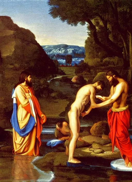 Prompt: old photo of Jesus baptizing Lucifer in the river artwork by Nicholas poussin