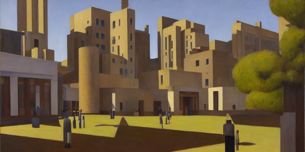 Image similar to brutalist architecture, fantastical courtyard, morning light, grant wood, pj crook, edward hopper, oil on canvas