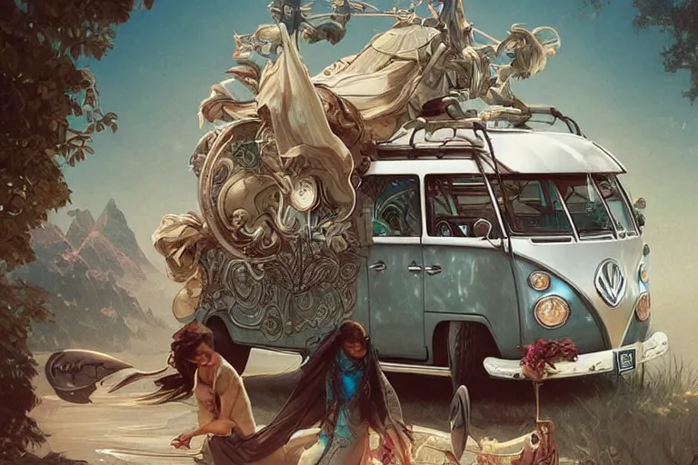 Image similar to VW surf bus, fantasy, elegant, intricate, highly detailed, digital painting, artstation, concept art, sharp focus, illustration, art by artgerm and greg rutkowski and alphonse mucha