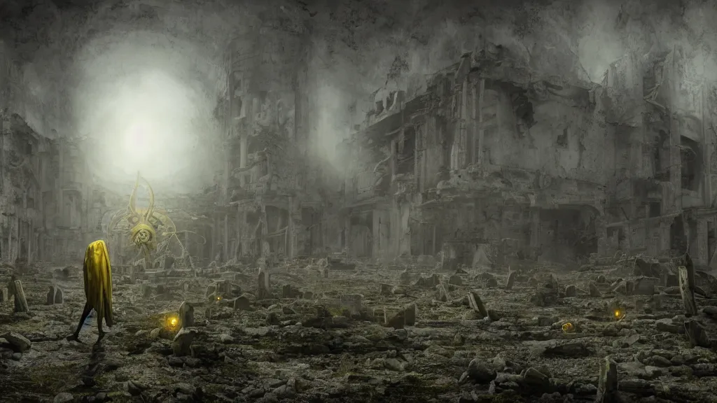 Image similar to King in yellow in middle of a ruins, horror, eldritch, 8K, concept art, DSLR, filmic, HDR, hyperrealism, Unreal Engine, volumetric lighting, Darkart