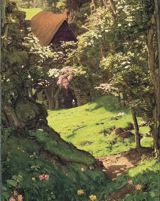 Prompt: detailed painting of a beautiful glen, untouched by humans for years, with a brooding fairy inside it. sunlight beams down on the scene and you can tell it is spring from the flowers. perhaps a party of adventurers or a lone traveler is entering the scene from the a path. by norman rockwell