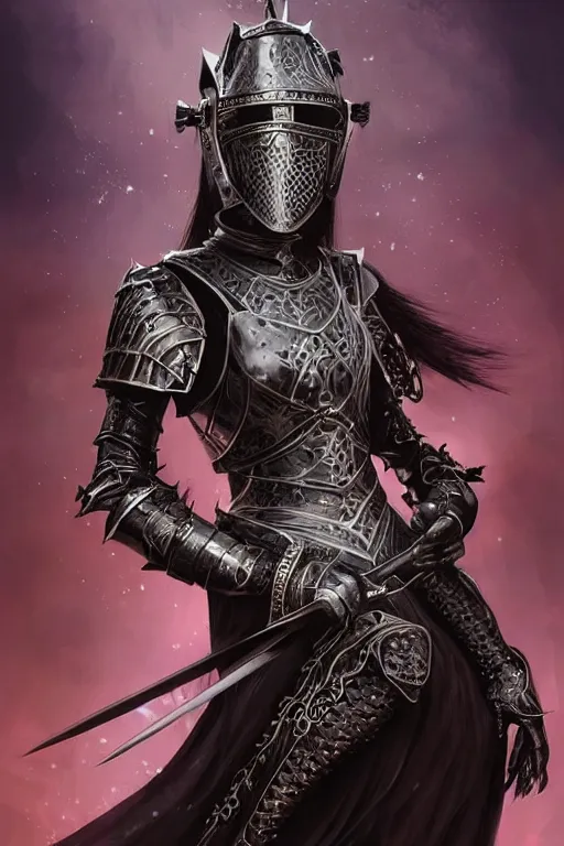 Prompt: beautiful luxury and gothic and victorian and evil young female medieval black armor knight portrait like lisa blackpink+smoky eyes+front face with light flowing hair, ultradetail face, art and illustration by tian zi and craig mullins and WLOP and alphonse mucha, ssci-fi, fantasy, intricate complexity, human structure, hypermaximalist, fantasy character concept, dynamic lighting, neon light, watermark, blurry, hyperrealism 8k