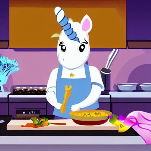 Image similar to A unicorn working as a chef, Animated Still