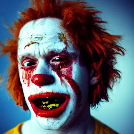 Image similar to film still photo portrait of a crazed homeless beaten up ronald mcdonald, realistic, hyperrealistic, 8 k resolution, hd quality, very detailed, highly detailed, intricate details, real life, real world, trending on artstation, digital art, really realistic, very realistic, headshot, head in frame, photograph, portrait