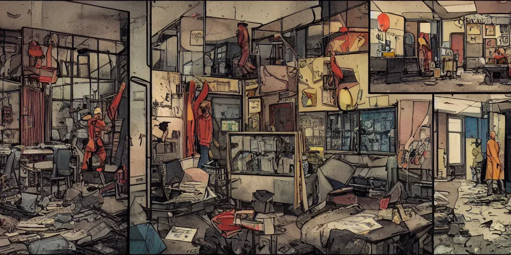 Prompt: full page comic book drawings of disturbing office urbex scenes, urban hell on a hot summer night, bold color palette, high contrast, by carel willink and gregory crewdson, moebious, jean giraud, comic book panels, octane render, bewerk anime