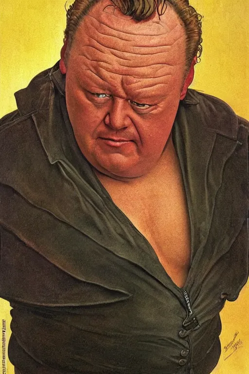 Image similar to dynamic upper body portrait of ray winstone as baron harkonnen in 1982 movie dune, by norman rockwell and boris vallejo