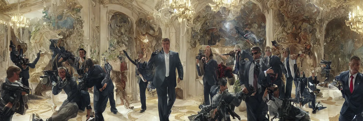 Image similar to dozens of FBI agents raid Donald Trump's Mar-a-Lago residence in Palm Beach, highly detailed, digital painting, artstation, concept art, smooth, sharp focus, illustration, art by artgerm and greg rutkowski and alphonse mucha