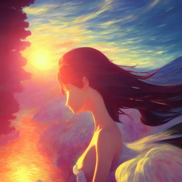 Image similar to an epic makoto shinkai and renoir surreal landscape of a woman's hair that is also a waterfall, 🌺, golden hour, ultra smooth, lois van baarle, ilya kuvshinov, unreal engine, blender, trending on artstation, suntur, caleb worcester, highly detailed, photorealism, bloom effect 8 k