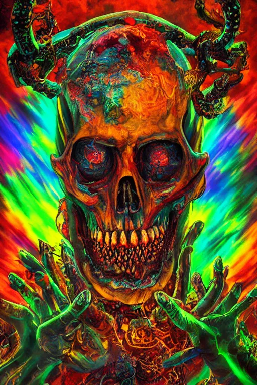 Image similar to 35 mm lens photo of chthonic scull lsd colors with sharp teeth and glowing demonic eyes and rgb background smoke, direct sunlight, glowing, vivid, detailed painting, Houdini algorhitmic pattern, by Ross Tran, WLOP, artgerm and James Jean, masterpiece, award winning painting