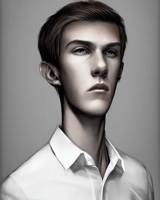 Image similar to portrait of 1 5 - year - old boy, a tall, slender boy with a pale, pointed face, sleek blond hair, and ice grey eyes, wearing in shirt, hyper realistic face, beautiful eyes, character art, art by mark brooks, hyperdetailed, cryengine, trending on artstation, digital art