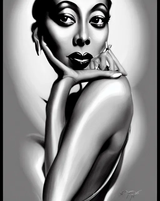 Image similar to photo of josephine baker, film still, dslr, by enoch bolles, ross tran, artgerm, wlop glossy skin, intricate detail, art deco, pearlescent, very coherent, cute