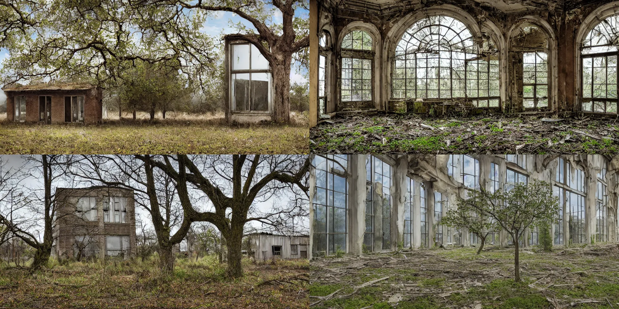 Prompt: abandoned building with glass windows with oak tree growing in the center, photorealistic