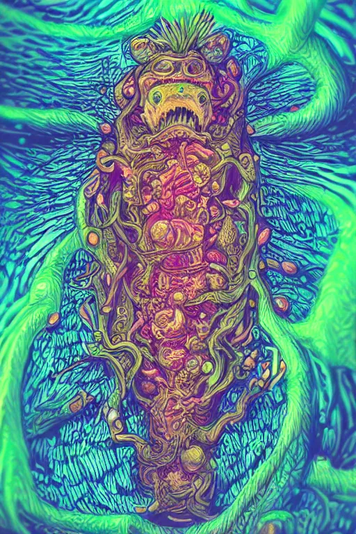 Image similar to creature sushi roots cactus elemental flush of force nature micro world fluo light deepdream a wild amazing steampunk baroque ancient alien creature, intricate detail, colorful digital painting radiating a glowing aura global illumination ray tracing