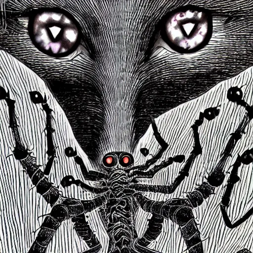 Image similar to a cat with spider legs and a thousand eyes, walking towards camera, highly detailed, by junji ito.