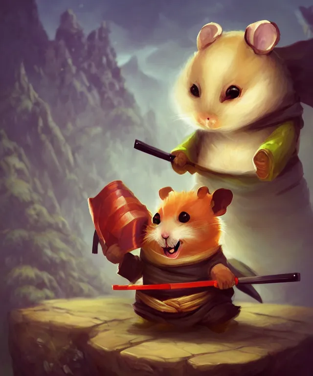 Image similar to anthropomorphic hamster ninja eating sushi, ninja outfit, standing in a beautiful landscape, cute and adorable, dnd character art portrait, matte fantasy painting, deviantart artstation, by jason felix by steve argyle by tyler jacobson by peter mohrbacher, cinematic lighting