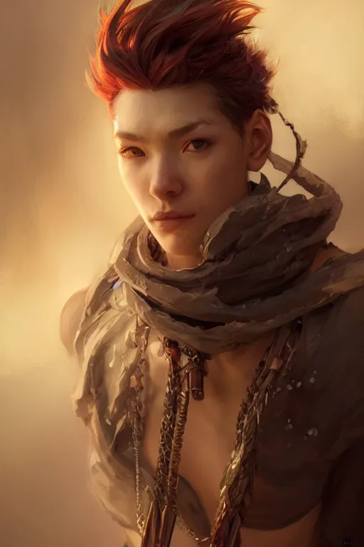 Image similar to A masterpiece portrait of a Incredibly beautiful queer Syberian post apocalyptic shaman girl . medium shot, intricate, elegant, highly detailed. trending on artstation, digital art, by Stanley Artgerm Lau, WLOP, Rossdraws, James Jean, Andrei Riabovitchev, Marc Simonetti, Yoshitaka Amano