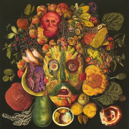 Image similar to katzkab album cover, psychedelic, giuseppe arcimboldo