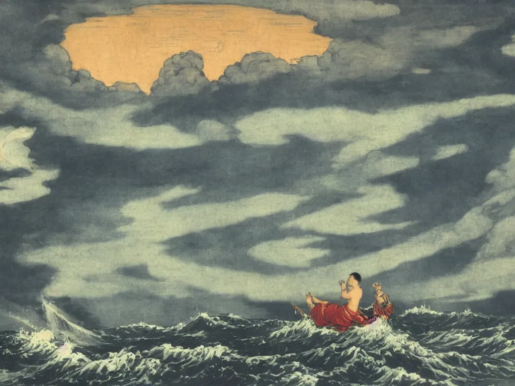 Image similar to a storm that falls on ulysses alone on a boat in the sea, orientalism, ukiyo - e, arnold bocklin, loneliness, trending on artstation,