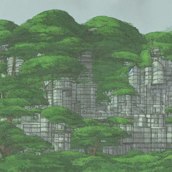 Prompt: a building in a landscape, by studio ghibli and chriss foss