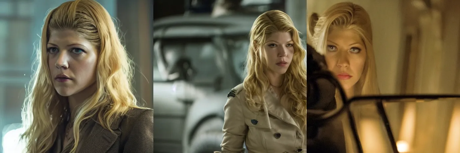 Prompt: close-up of Katheryn Winnick as a detective in a movie directed by Christopher Nolan, movie still frame, promotional image, imax 70 mm footage