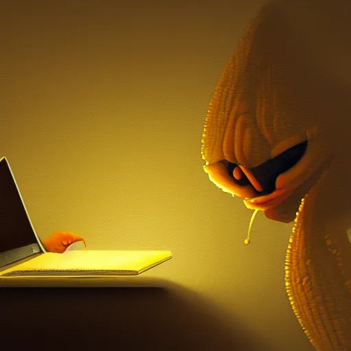 Prompt: anthropomorphic corn cob typing on his laptop in a dark room, face illuminated, hyperrealistic, artstation, 8 k, concept art, very detailed, hd, digital painting, dramatic lighting