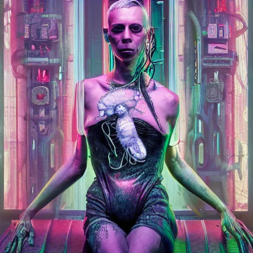 Image similar to cyberpunk portrait of Yolandi Visser against garden flower background, in the style of h.r giger, norman rockwell, highly detailed, soft lighting, 8k resolution, oil on canvas