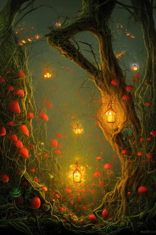 Image similar to a beautiful digital illustration painting of a detailed gothic fantasy fireflies and roots, dark mushroom, flowers by benoit b. mandelbrot, steven belledin, martin johnson heade, lee madgwick, caspar david friedrich, and david rios ferreira. 8 k resolution trending on artstation concept art digital illustration