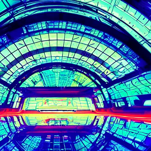 Image similar to space train station, futuristic, neon colours, highly saturated, high def, 8 k, hd, highly detailed,