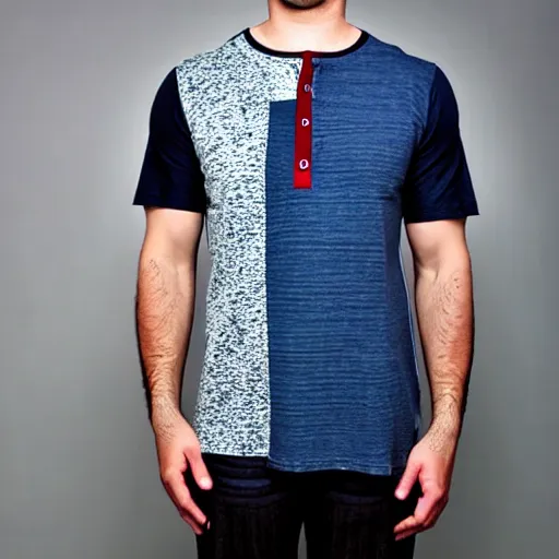 Prompt: a men's henley tshirt, with patchwork color fashion from the 8 0 s