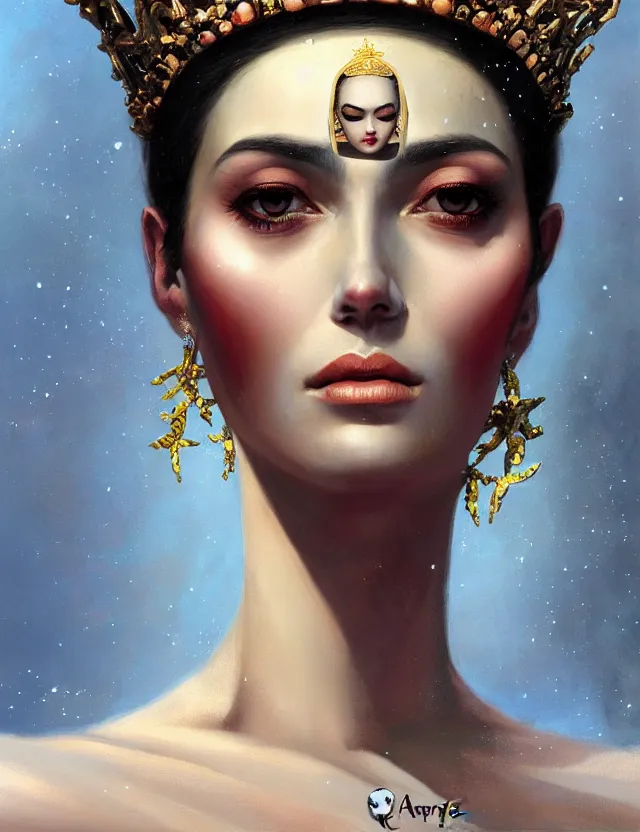 Image similar to blurred background. close-up portrait of a goddess in crown, by Afarin Sajedi and greg rutkowski