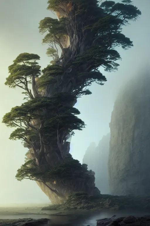 Prompt: a tall rock structure in the shape of a swirling spiral vortex, background of trees, dramatic lighting, morning fog, hyper detailed, digital art, trending on artstation, cinematic lighting, studio quality, smooth render, octane render, art style by ruan jia and greg rutkowski and peter mohrbacher and wlop and krenz cushart