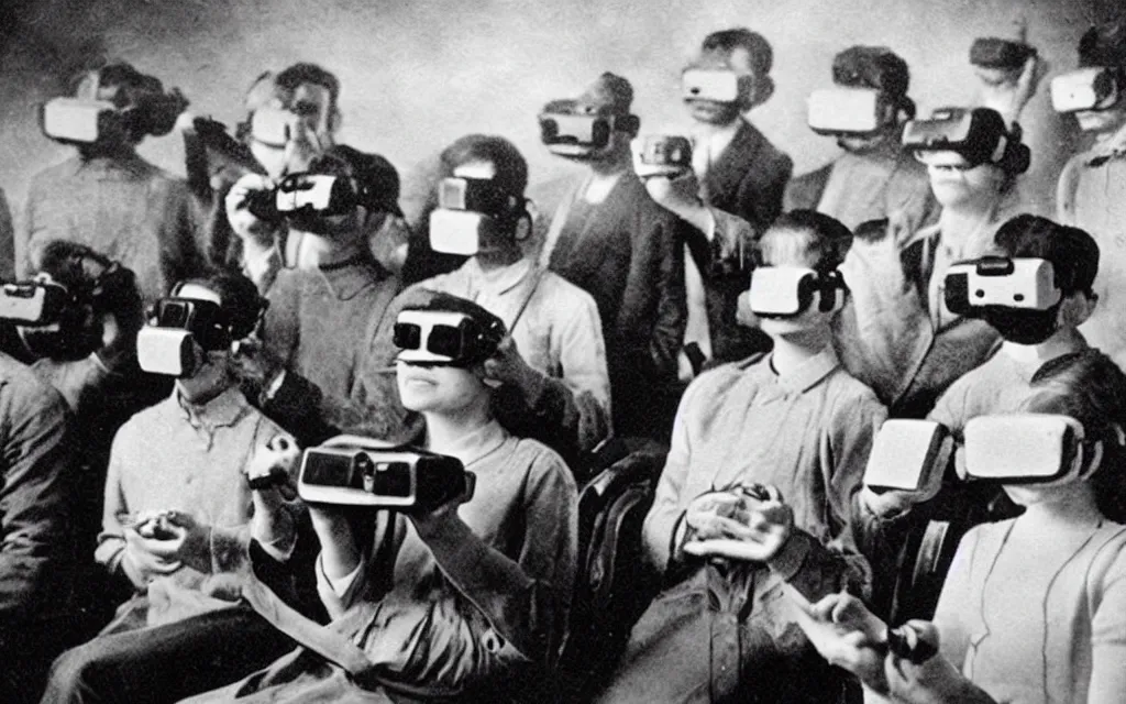 Image similar to 1 9 0 0 s photo of people using iphones ipods virtual reality headsets vr in a movie theater double exposure masterpiece