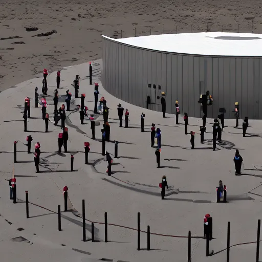 Image similar to a crowd gathering around | government security facility military gate | in the hot desert trending on artstation digital paint 4 k render