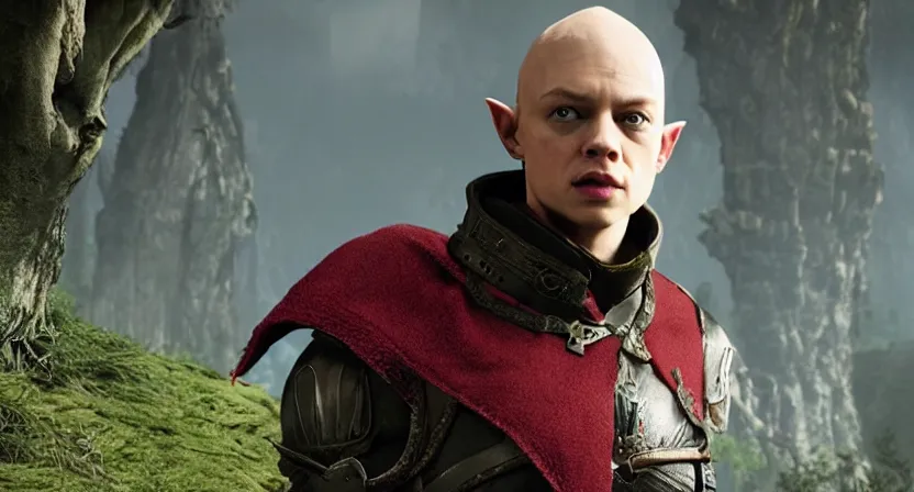 Image similar to promotional image of dane dehaan as a bald elf in dragon age : inquisition, hyperrealistic, detailed face, movie still, promotional image, imax 7 0 mm footage