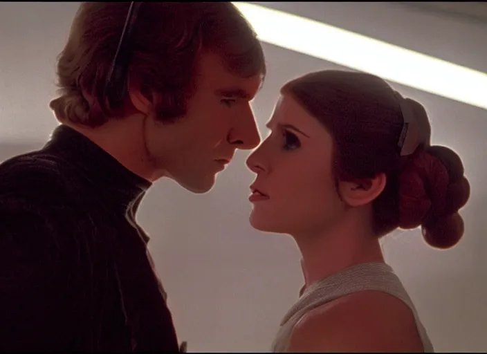 Image similar to screenshot of Han Solo kissing Princess Leia Organa, alone,, iconic scene from 1970s Star Wars film directed by Stanley Kubrick, in a sci fi nursing home architecture, last jedi, 4k HD, cinematic still frame, photoreal, beautiful portraits, moody lighting, stunning cinematography, anamorphic lenses, kodak color film stock