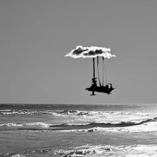 Image similar to Black and White photo of steampunk airship flying across the Atlantic Ocean